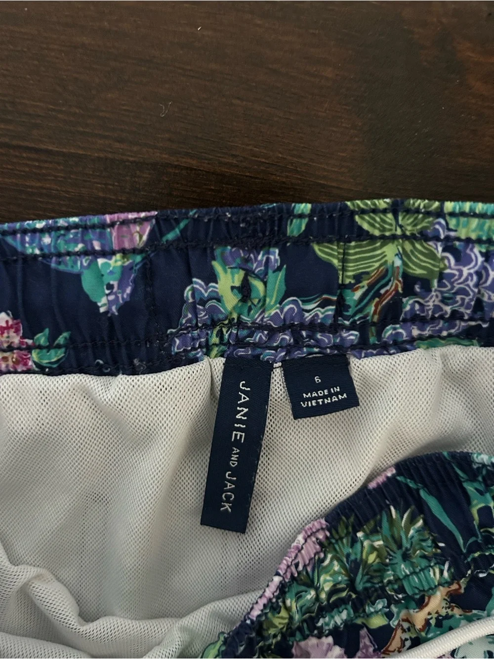 Janie and Jack Navy Floral Swim Trunks with Green & Pink Accents